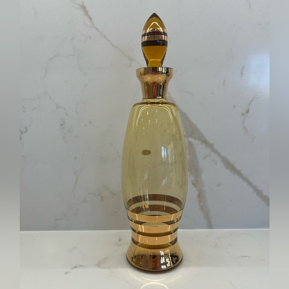 Vintage Bohemian Czech Amber Glass Decanter with Gold Bands and Stopper MCM - Picture 1 of 4